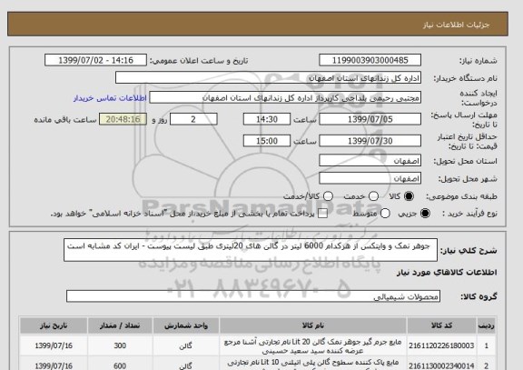 استعلام   جوهر نمک و وایتکس از هرکدام 6000 لیتر در گالن های 20لیتری طبق لیست پیوست - ایران کد مشابه است 