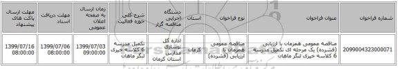 مناقصه عمومی همزمان با ارزیابی (فشرده) یک مرحله ای تکمیل مدرسه 6 کلاسه خیری لنگر ماهان