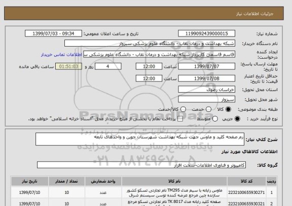 استعلام رم صفحه کلید و ماوس جهت شبکه بهداشت شهرستان جوین و واحدهای تابعه