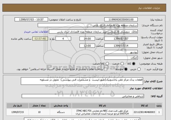 استعلام قطعات یدک مرکز تلفن پاناسونیک(طبق لیست  و مشخصات فنی پیوستی)  تحویل در عسلویه