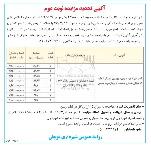 مزایده ،مزایده فروش 8 قطعه زمین مازاد نوبت دوم