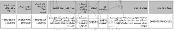 مناقصه عمومی دو مرحله ای خرید سه دستگاه هوا ساز جهت آزمایشگاه ومرکز مشاوره ازدواج وانجام کلیه تعهدات 
