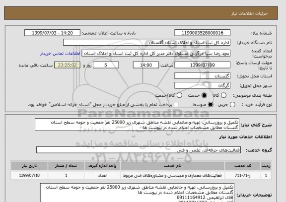 استعلام تکمیل و بروزرسانی، تهیه و جانمایی نقشه مناطق شهری زیر 25000 نفر جمعیت و حومه سطح استان گلستان مطابق مشخصات اعلام شده در پیوست ها