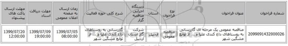مناقصه عمومی یک مرحله ای گازرسانی به روستاهای داغ کندی علیا و ... از توابع مشگین شهر