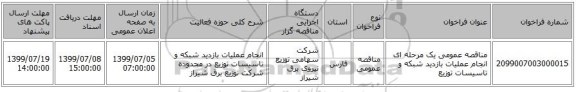 مناقصه عمومی یک مرحله ای انجام عملیات بازدید شبکه و تاسیسات توزیع