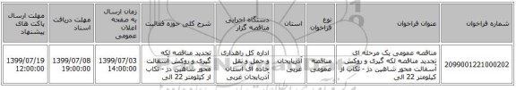 مناقصه عمومی یک مرحله ای تجدید مناقصه لکه گیری و روکش آسفالت محور شاهین دژ - تکاب از کیلومتر 22 الی 