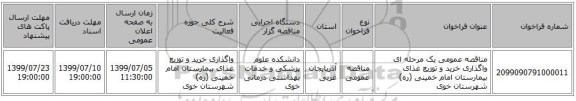 مناقصه عمومی یک مرحله ای واگذاری خرید و توزیع غذای  بیمارستان   امام خمینی (ره)  شهرستان خوی