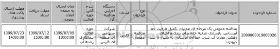 مناقصه عمومی یک مرحله ای عملیات تکمیل ظرفیت خط آبرسانی، بازسازی تصفیه خانه و آب بندی و اجرای زهکش مخزن آب شرب خط اول آبرسانی به شیراز از سد درودزن