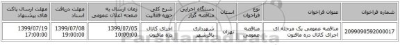مناقصه عمومی یک مرحله ای اجرای کانال دره مافتون