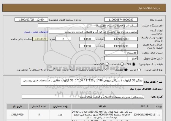استعلام برقگیر 33 کیلووات / سرکابل بیرونی 90*1 / 120*1 / 150*1  33 کیلووات مطابق با مشخصات فنی پیوستی