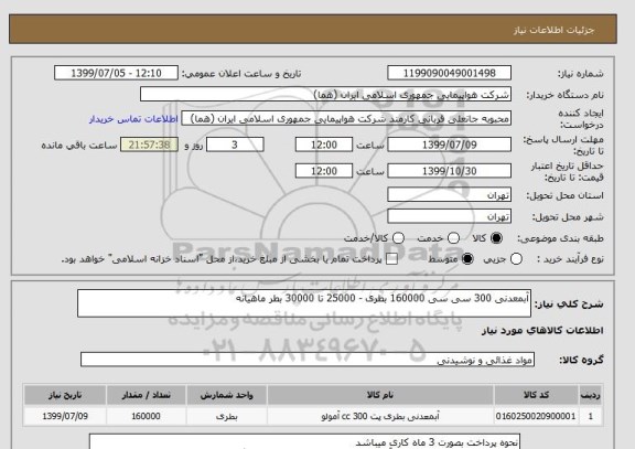 استعلام آبمعدنی 300 سی سی 160000 بطری - 25000 تا 30000 بطر ماهیانه 