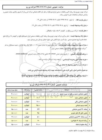 مزایده اقلام ضایعاتی شرکت