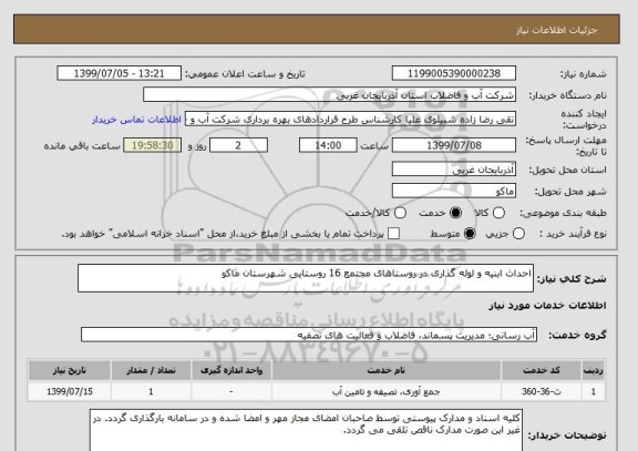 استعلام احداث ابنیه و لوله گذاری در روستاهای مجتمع 16 روستایی شهرستان ماکو