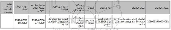فراخوان ارزیابی کیفی احداث خط انتقال 30 اینچ ورودی خلج جنوب مشهد