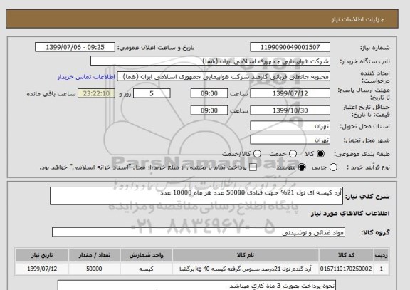 استعلام آرد کیسه ای نول 21% جهت قنادی 50000 عدد هر ماه 10000 عدد