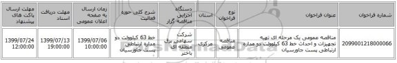 مناقصه عمومی یک مرحله ای تهیه تجهیزات و احداث خط 63 کیلوولت دو مداره ارتباطی پست  جاورسیان  