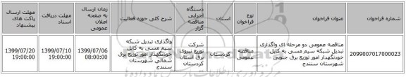 مناقصه عمومی دو مرحله ای واگذاری تبدیل شبکه سیم مسی به کابل خودنگهدار امور توزیع برق جنوبی شهرستان سنندج