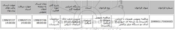 مناقصه عمومی همزمان با ارزیابی (فشرده) یک مرحله ای خرید و راه اندای دو دستگاه چیلر تراکمی 