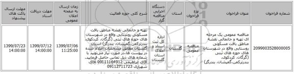 مناقصه عمومی یک مرحله ای تهیه و جانمائی نقشه مناطق بافت مسکونی روستایی واقع در شهرستان های حوزه های ثبتی (گرگان، کردکوی، بندرترکمن،گمیشان، بندرگز)