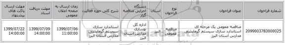 مناقصه عمومی یک مرحله ای استاندارد سازی سیستم گرمایشی مدارس استان البرز 