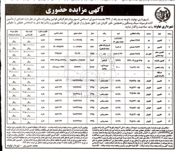 آگهی مزایده حضوری , مزایده تعدادی از ماشین آلات فرسوده سبک و سنگین و همچنین خاور کاویان 
