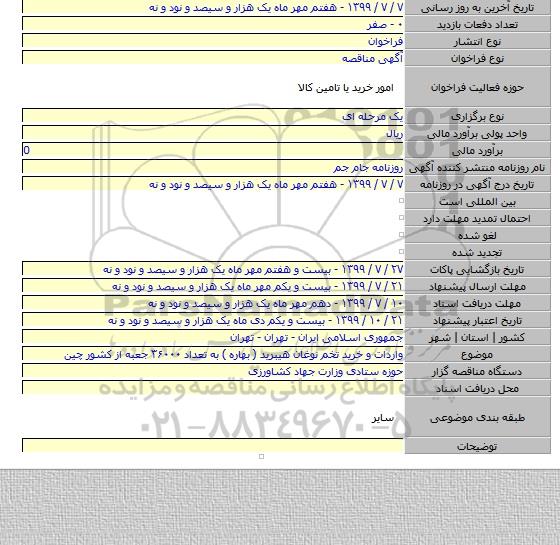 واردات و خرید تخم نوغان هیبرید ( بهاره )  به تعداد ۳۶۰۰۰ جعبه از کشور چین