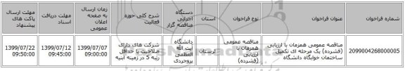 مناقصه عمومی همزمان با ارزیابی (فشرده) یک مرحله ای تکمیل ساختمان خوابگاه دانشگاه