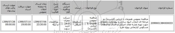 مناقصه عمومی همزمان با ارزیابی (فشرده) دو مرحله ای انتخاب انبوه سازان یا پیمانکاران ذیصلاح جهت تهیه نقشه های اجرایی و احداث واحدهای مسکونی آپارتمانی پروژه طرح