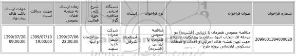 مناقصه عمومی همزمان با ارزیابی (فشرده) دو مرحله ای انتخاب انبوه سازان یا پیمانکاران ذیصلاح جهت تهیه نقشه های اجرایی و احداث واحدهای مسکونی آپارتمانی پروژه طرح