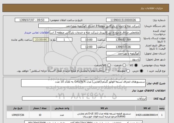 استعلام سنسورهای انحراف تسمه الواتور گندم (القایی) مدل OAS/N/A به تعداد 10 عدد 