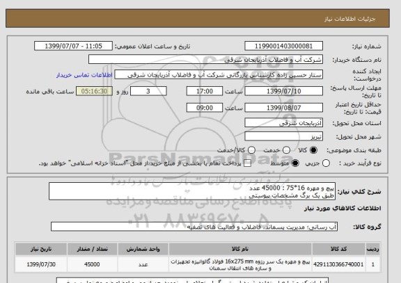 استعلام پیچ و مهره 16*75 : 45000 عدد
طبق یک برگ مشخصات پیوستی