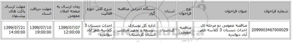 مناقصه عمومی دو مرحله ای احداث دبستان 3 کلاسه ظفر آباد دیواندره 