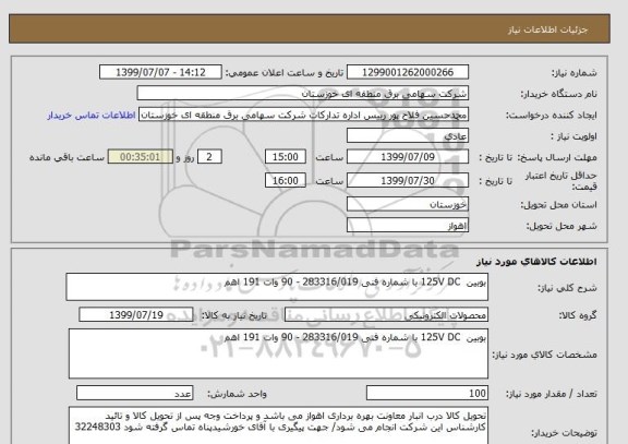 استعلام بوبین  125V DC با شماره فنی 283316/019 - 90 وات 191 اهم 