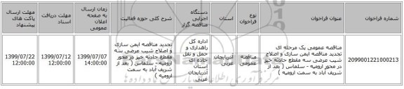 مناقصه عمومی یک مرحله ای تجدید مناقصه ایمن سازی و اصلاح شیب عرضی سه مقطع حادثه خیز در محور ارومیه - سلماس  ( بعد از شریف آباد به سمت ارومیه )