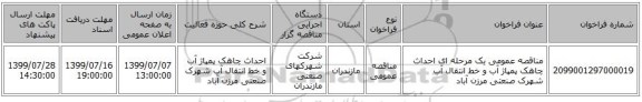 مناقصه عمومی یک مرحله ای احداث چاهک پمپاژ آب و خط انتقال آب شهرک صنعتی مرزن آباد 