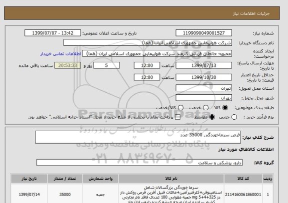 استعلام قرص سرماخوردگی 35000 عدد 