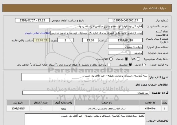 استعلام سه کلاسه روستای نریمانی رضویه - خیر آقای پور حسن
