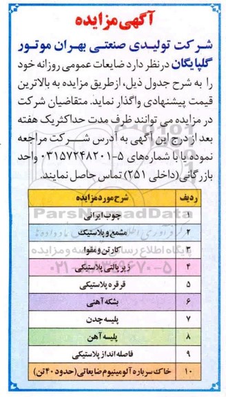 مزایده, مزایده واگذاری ضایعات عمومی روزانه... 