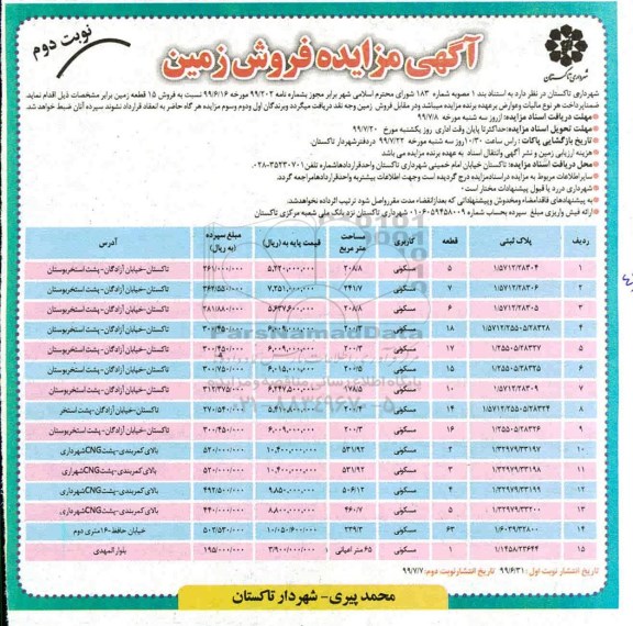 مزایده مزایده فروش زمین کاربری مسکونی نوبت دوم
