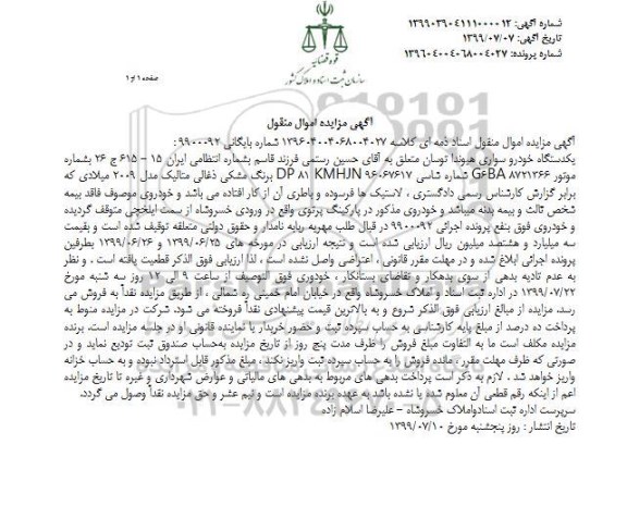 مزایده فروش یکدستگاه سواری هیوندا توسان مدل 2009 میلادی