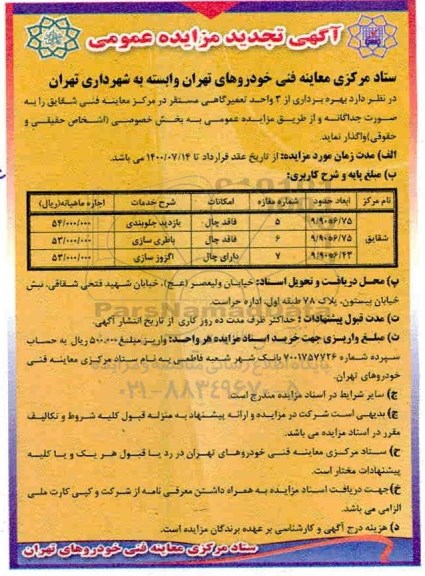 مزایده عمومی, مزایده واگذاری بهره برداری از واحدهای تعمیرگاهی