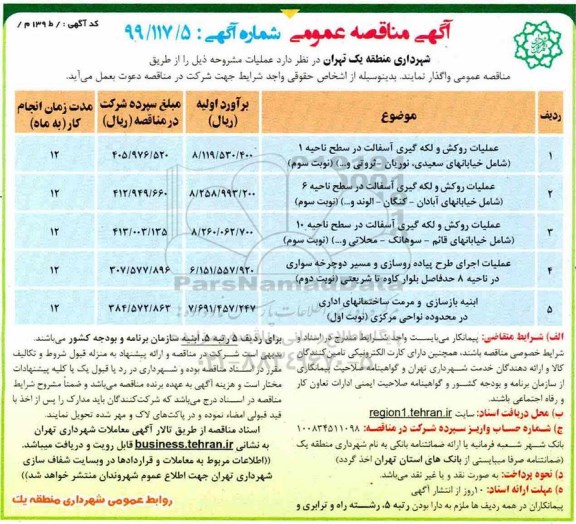 مناقصه، مناقصه عملیات روکش و لکه گیری آسفالت ... 