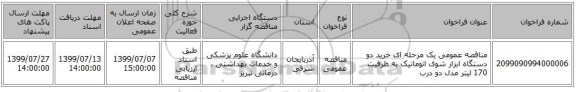 مناقصه عمومی یک مرحله ای خرید دو دستگاه ابزار شوی اتوماتیک به ظرفیت 170 لیتر مدل دو درب 