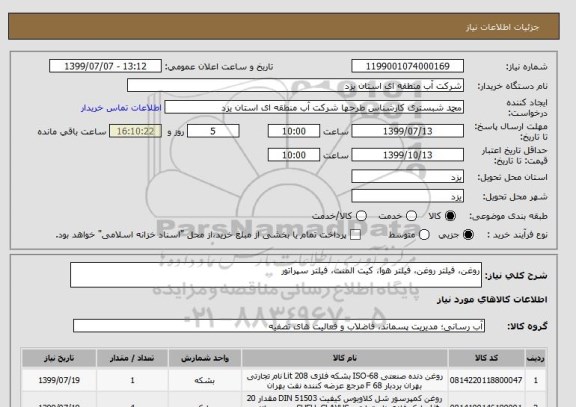 استعلام روغن، فیلتر روغن، فیلتر هوا، کیت المنت، فیلتر سپراتور
