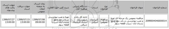 مناقصه عمومی یک مرحله ای تهیه و نصب نیوجرسی در باند دوم محور بستان اباد- سراب قطعه سوم