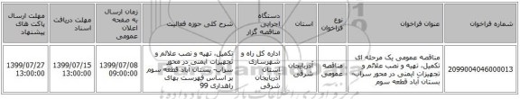 مناقصه عمومی یک مرحله ای تکمیل، تهیه و نصب علائم و تجهیزات ایمنی در محور سراب- بستان آباد قطعه سوم