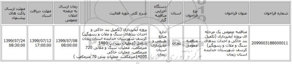 مناقصه عمومی یک مرحله ای پروژه آبخیزداری (تکمیل بند خاکی و احداث بندهای سنگ و ملات و رسوبگیر) کرسف شهرستان خدابنده استان زنجان