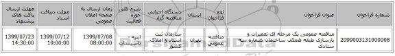مناقصه عمومی یک مرحله ای تعمیرات و بازسازی طبقه همکف ساختمان شماره سه ستادی