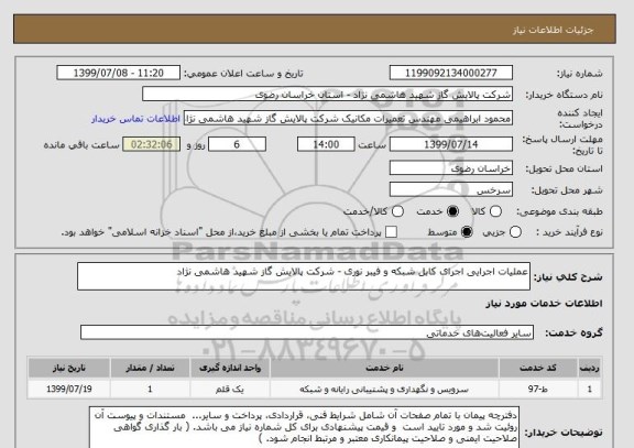 استعلام عملیات اجرایی اجرای کابل شبکه و فیبر نوری - شرکت پالایش گاز شهید هاشمی نژاد