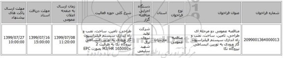 مناقصه عمومی دو مرحله ای           طراحی، تامین، ساخت، نصب و راه اندازی سیستم فیلتراسیون گاز ورودی به توربین انبساطی نیروگاه نکا 